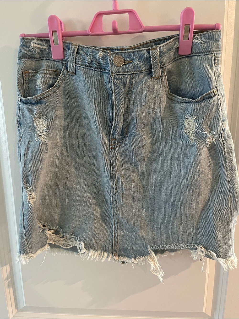 Denim Distressed Mini Skirt - Light Blue